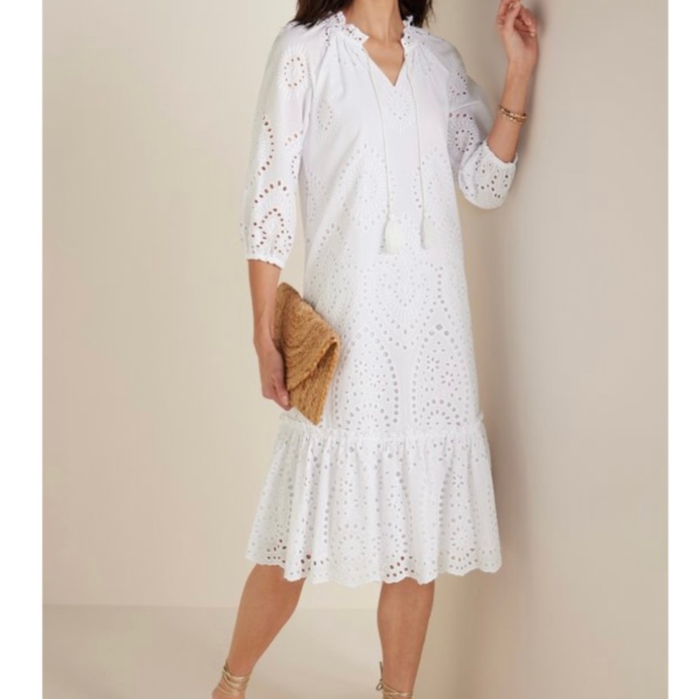 New Eyelet Shift Dress with Tassel Tie V Neck & three quarter sleeves - Picture 2 of 10